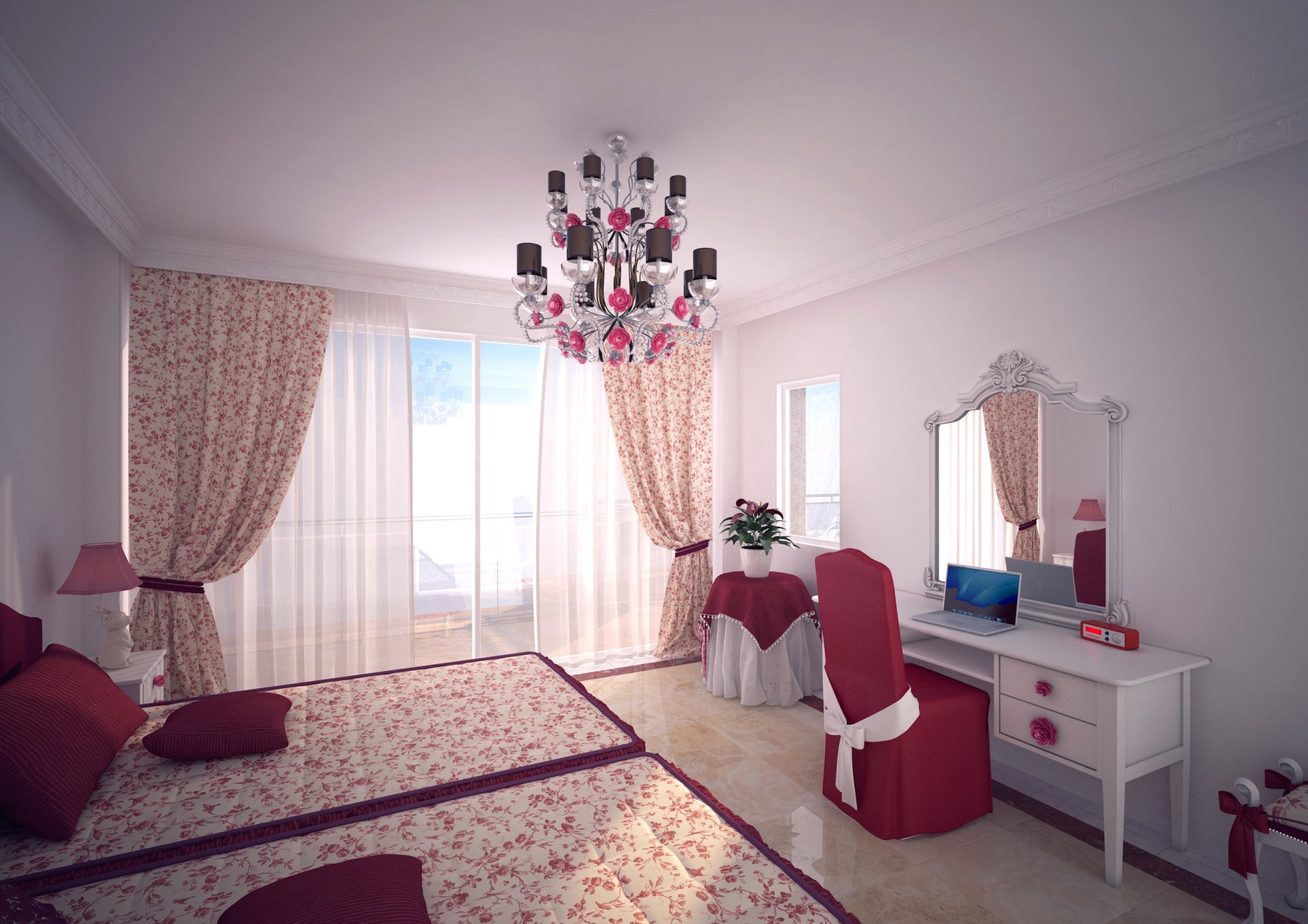 room bedroom window curtains design bed chandelier mirror notebook chair