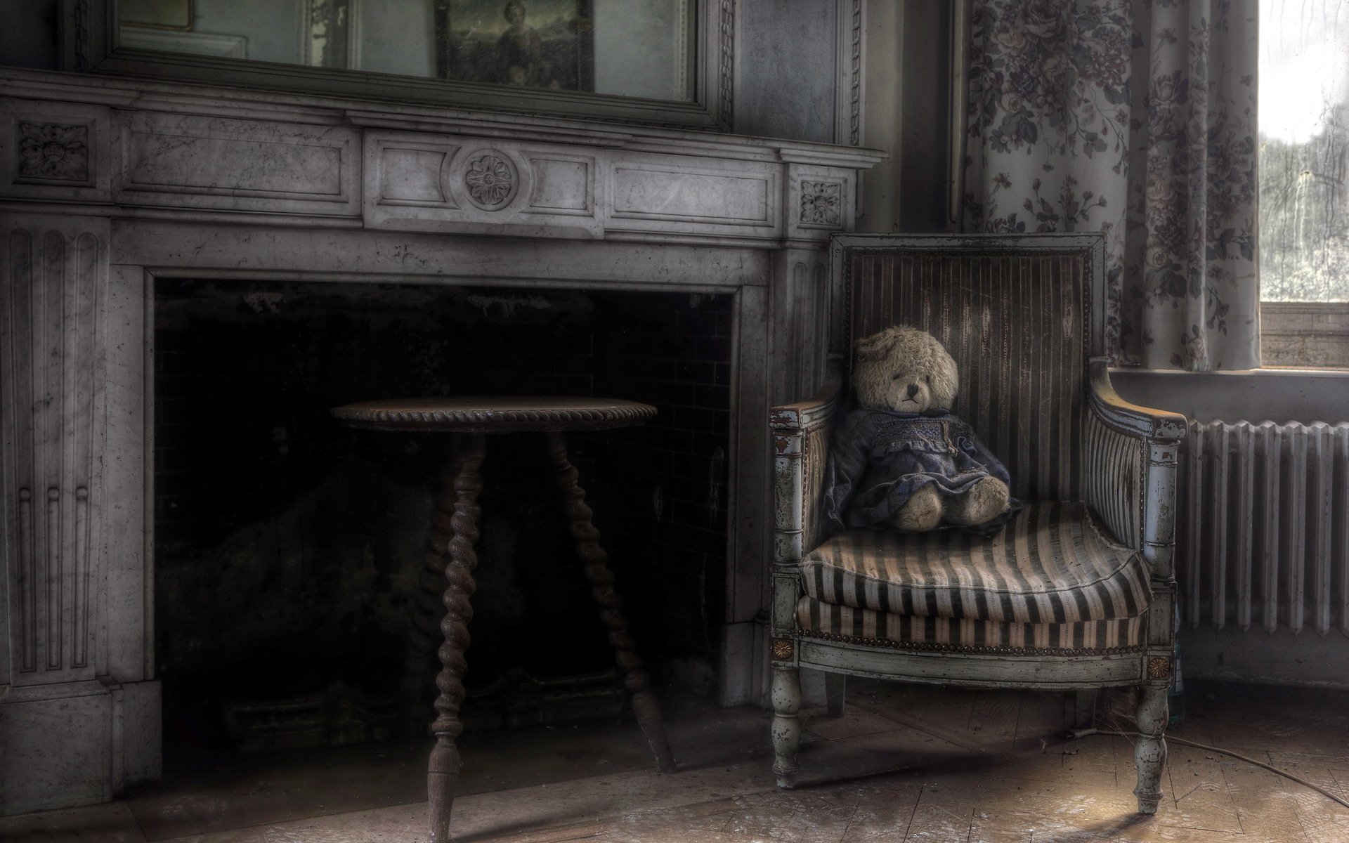 chair teddy bear fireplace room