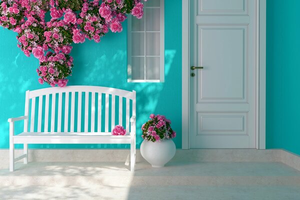 White and pink on a turquoise wall background