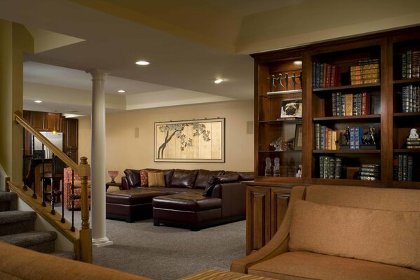 Intérieur de la salle de séjour avec canapé en cuir, bibliothèque et main droite