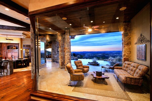 Interior of a country house with a swimming pool