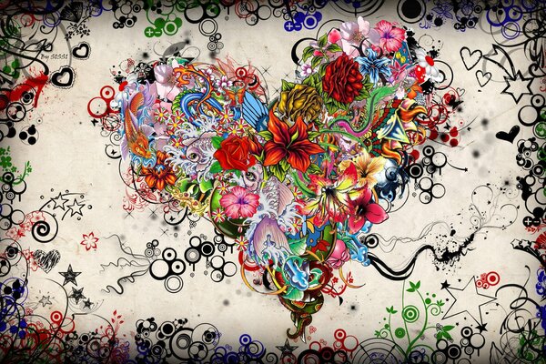 Abstract graffiti in the form of a heart of flowers