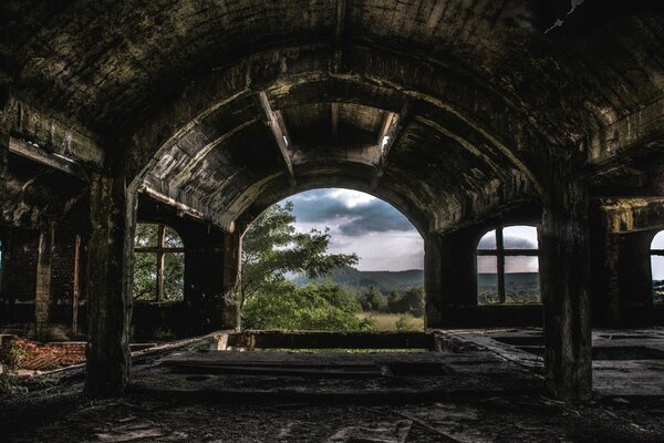 Casa abandonada en ruinas en el bosque