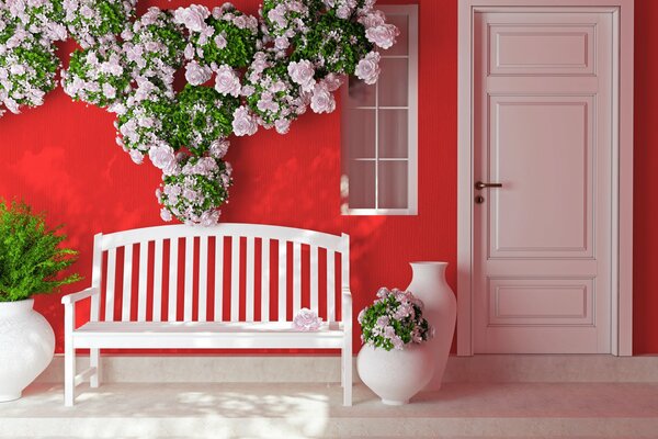 Fond rouge. Banc blanc en couleurs