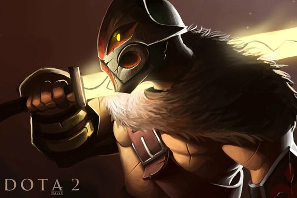 The character of the dota game stands with a weapon in a combat stance