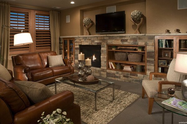 Living room design in brown colors