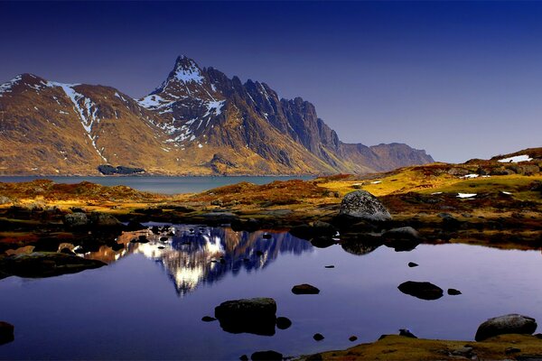 Nature montagne reflet du ciel bleu dans l eau
