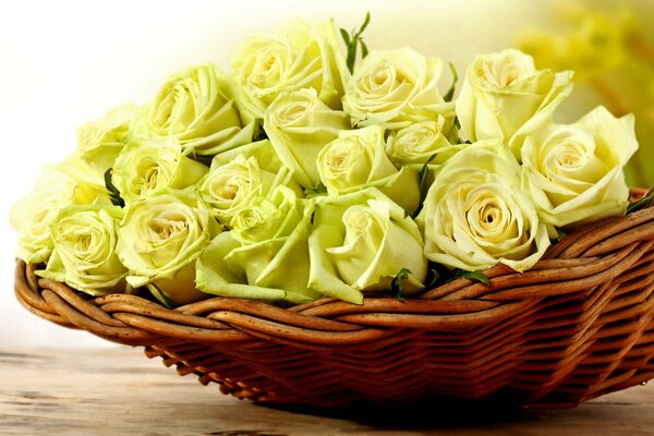 A wicker basket with an armful of yellow roses