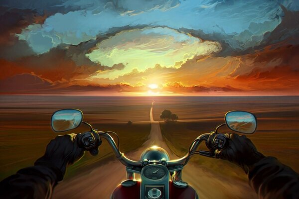 Рисунок мотоцикла едущего по дороге в поле