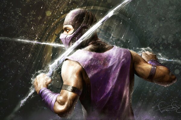 El personaje del juego mortal kombat está de pie con una espada y alrededor de un rayo, la lluvia