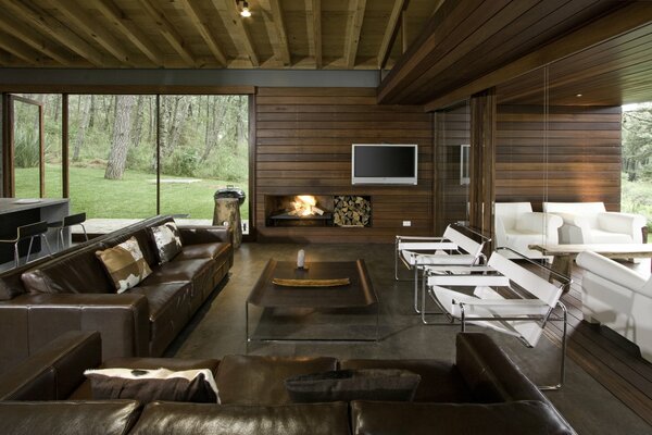 Wooden living room with fireplace