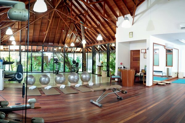 Salle de sport spacieuse avec équipement de gymnastique