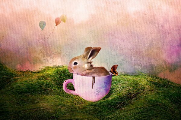 Pequeño conejo sentado en una taza