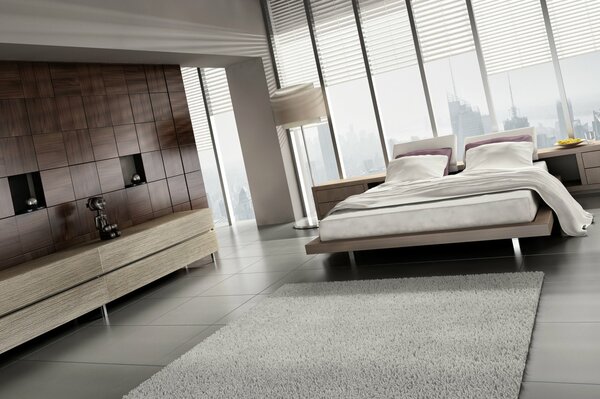 Stylish bedroom interior with panoramic windows