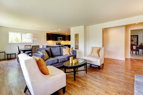 Living room combined with kitchen and dining area