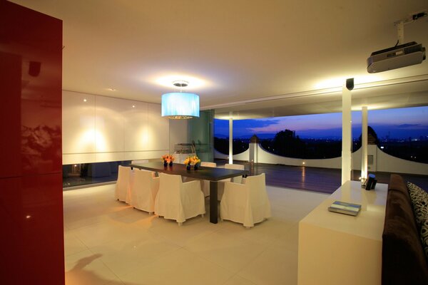 Cozy living room with sunset view