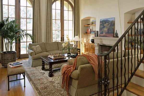 Interior of the living room with large windows