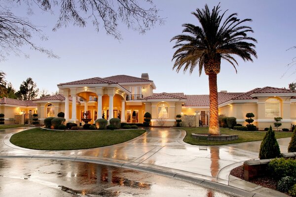 Beautiful view of the villa with palm trees