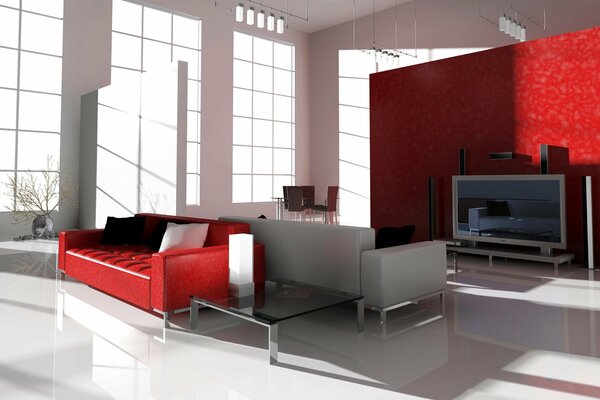 Bright living room with red sofa