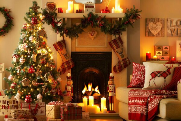 Christmas interior with fireplace and Christmas tree