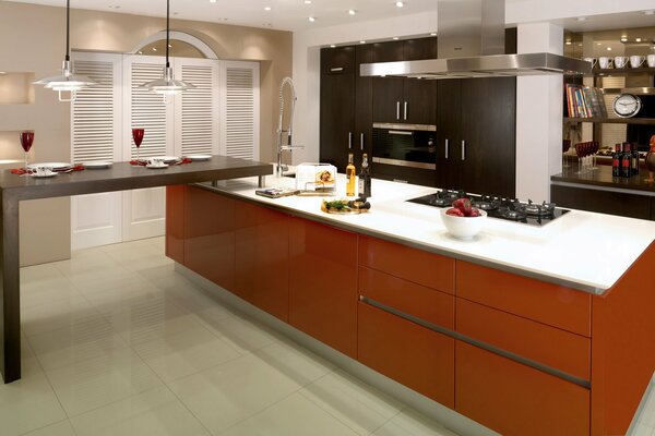 Modern kitchen design. Interior in warm colors