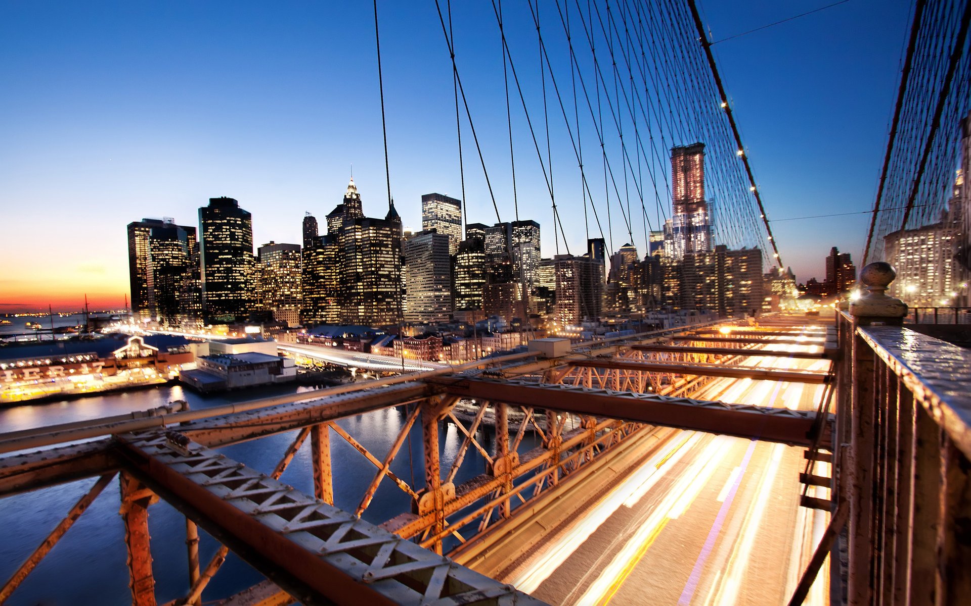 new york nyc nowy jork brooklyn bridge usa sunset financial district zachód słońca