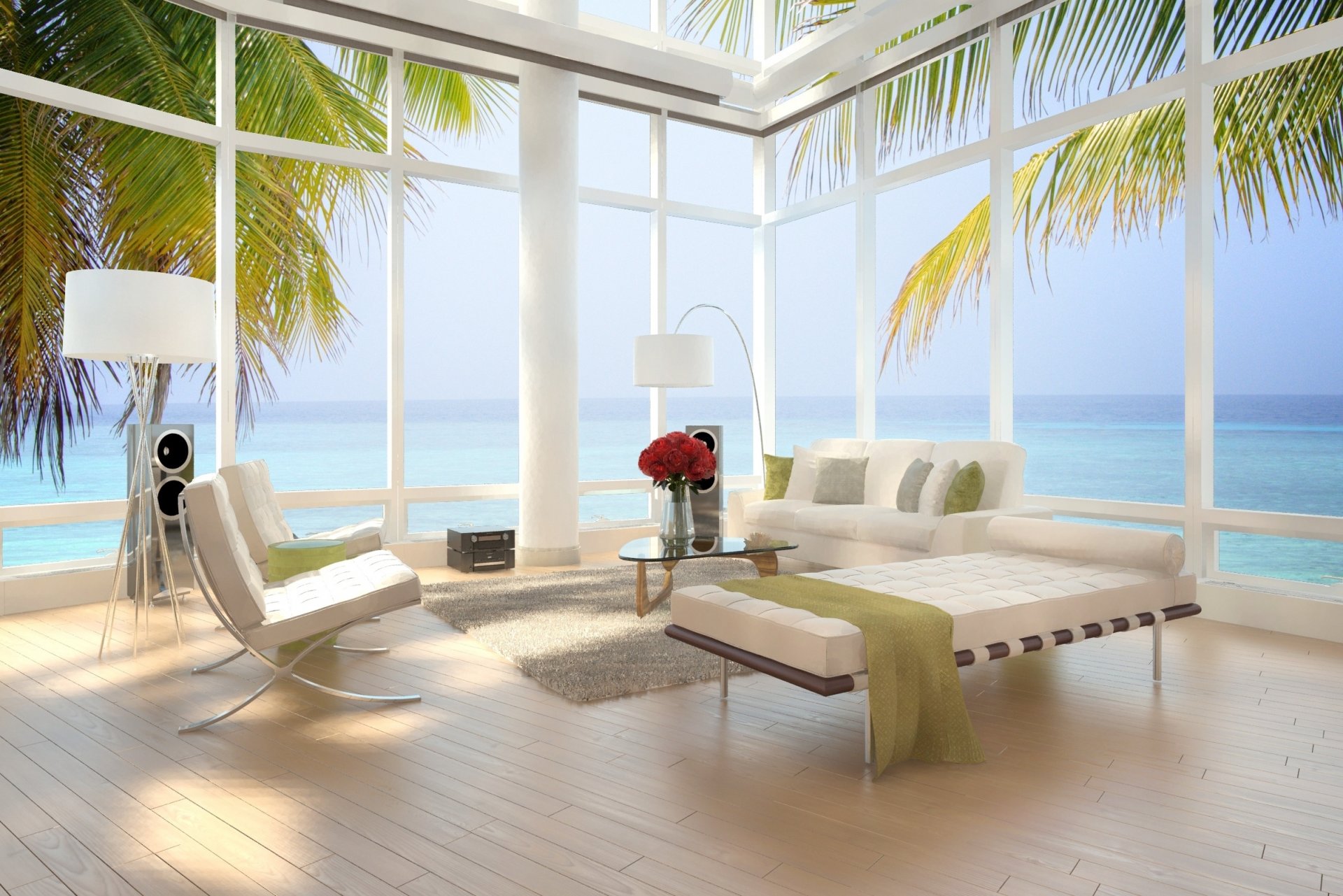 interior stylish design modern luxury beach loft apartment sea view chairs bed palm trees contemporary palm