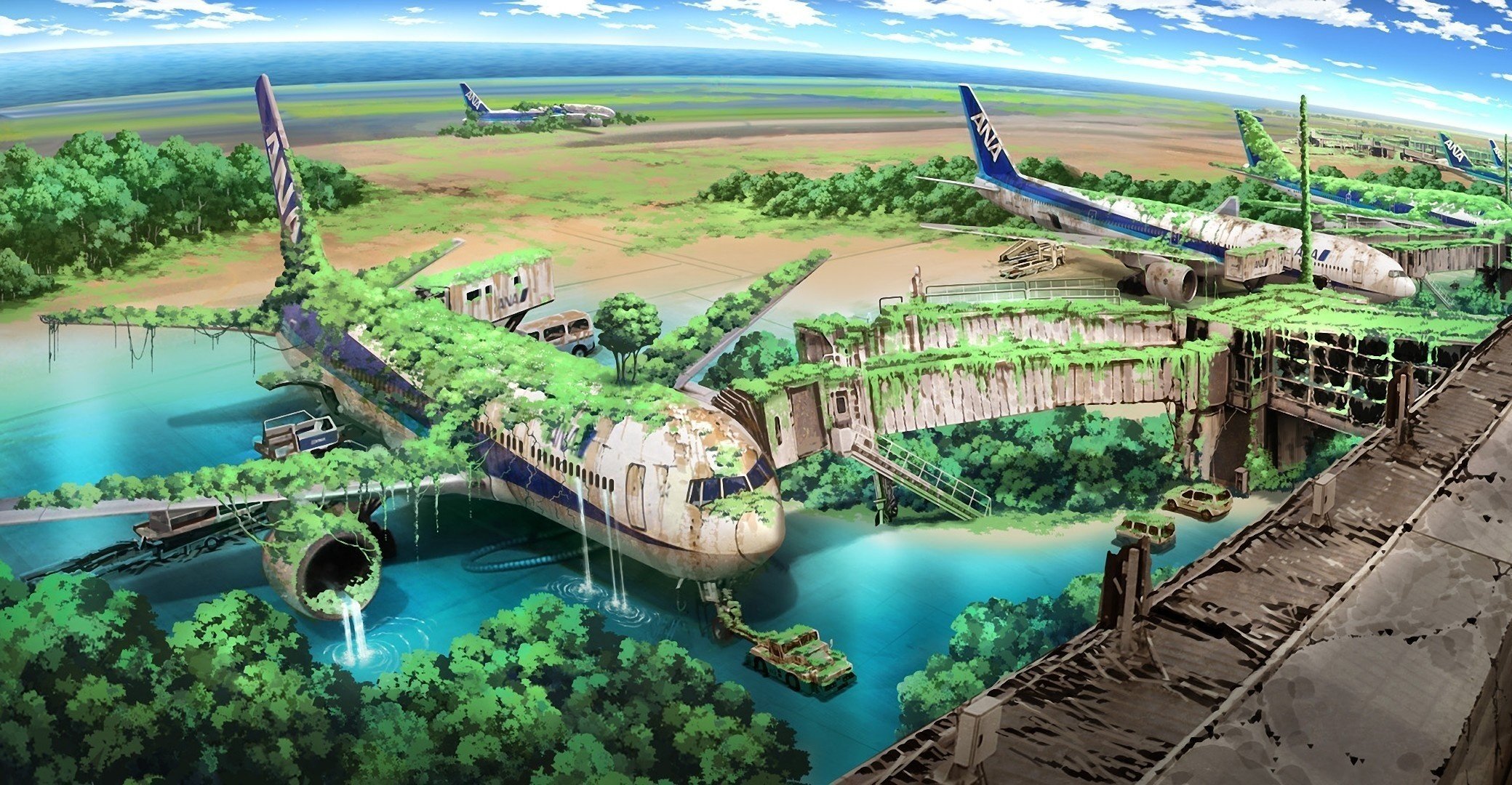 the ruins thickets postapocalyptic art aircraft