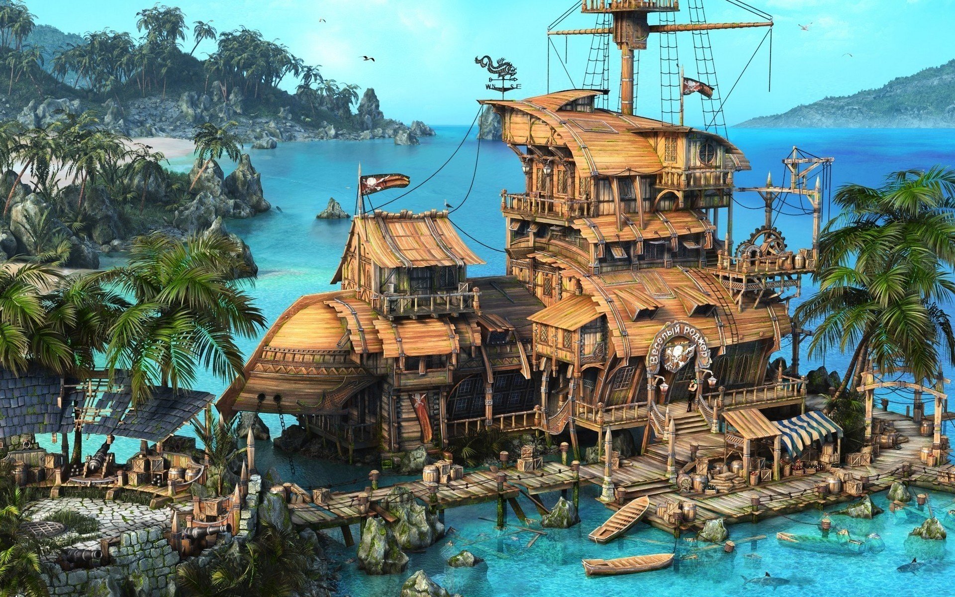 the caribbean pirate tavern rendering boats pirates ship sea