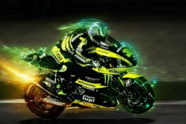 Moto Rider con Llantas negras y reflejos de luz verde