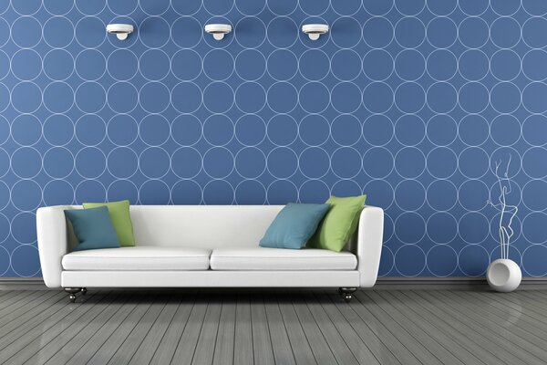 Modern living room with blue wallpaper