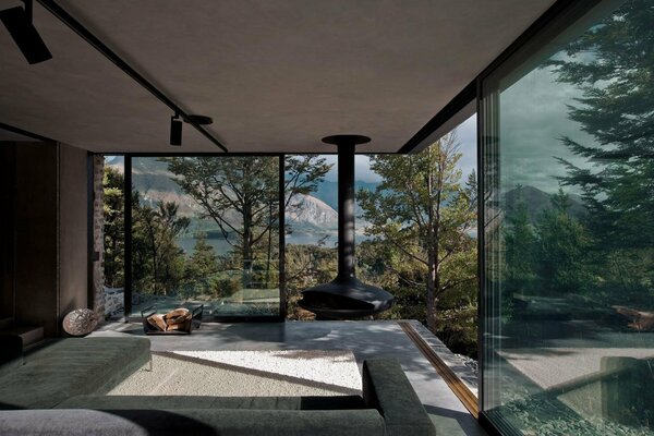 Room with fireplace and forest view