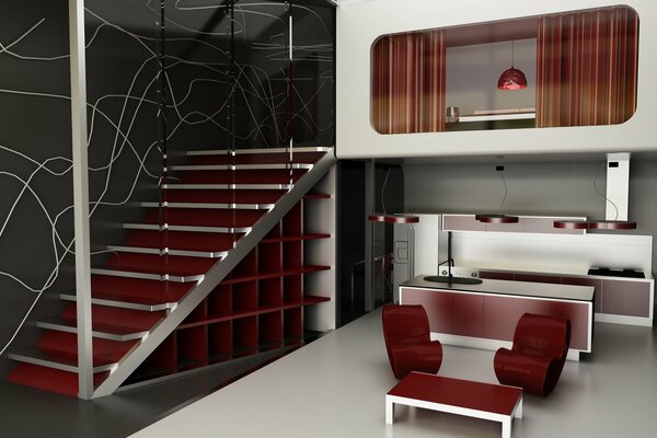 Modern interior. Burgundy accents