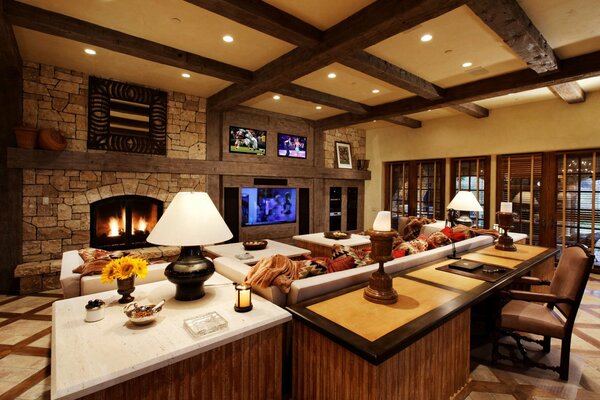 Cozy interior of a room with a fireplace