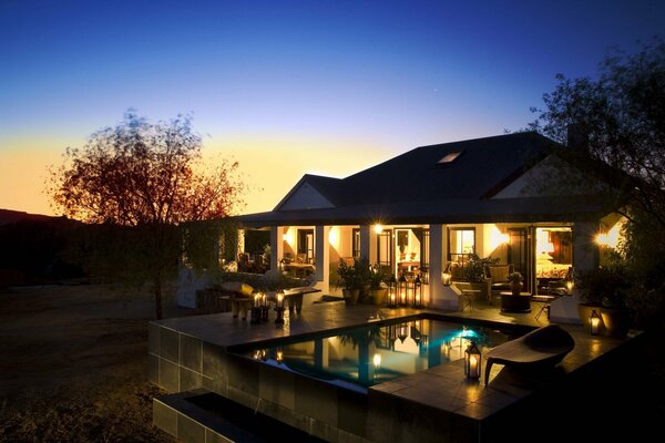 Evening country house swimming pool