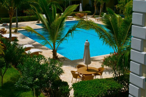 Mesa de palmera de color azul agua en la piscina