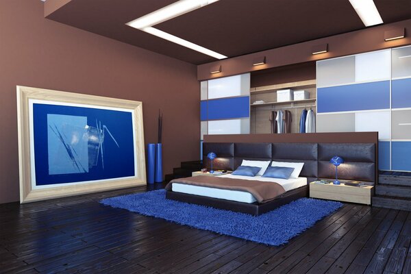 Stylish bedroom in brown and blue tones