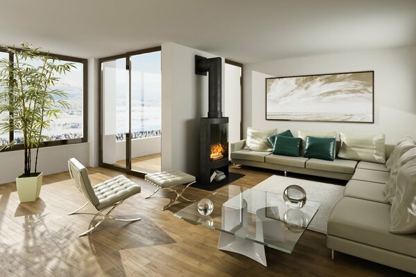 Stylish interior design of a room in an apartment, a room with a table by the fireplace