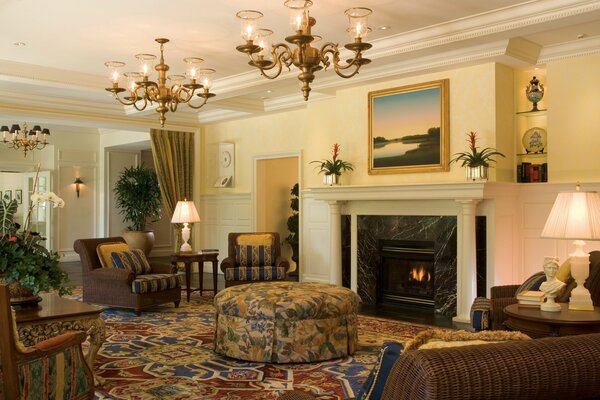 Interior of the living room with fireplace