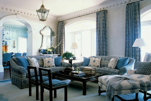 White and blue image of a fashionable living room