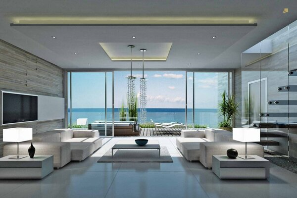 Stylish interior of the living room in a luxury villa