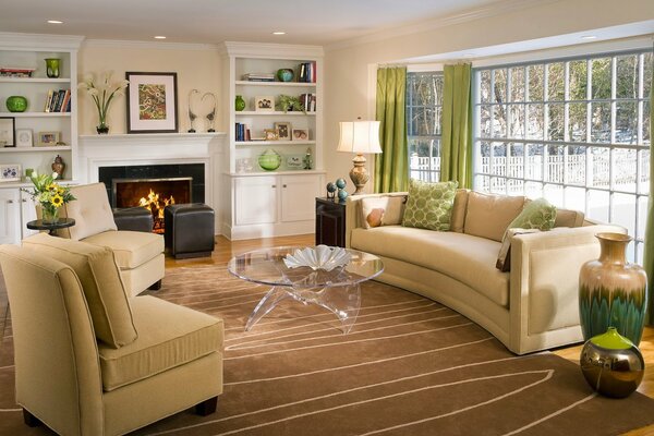 Interior in beige tones with light green accents