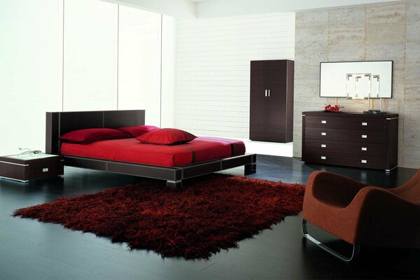 The interior of the room with red accents