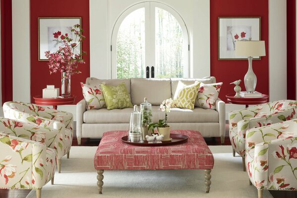 The interior of the living room in bright colors