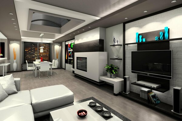 The interior of a modern apartment in bright colors