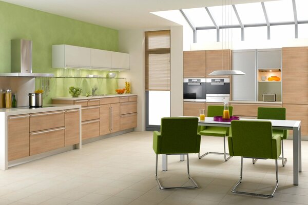 Kitchen design with windows on the ceiling