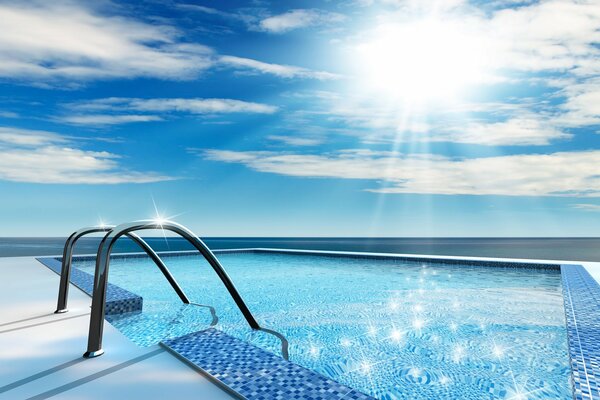 Scendere in una bella piscina sotto il sole