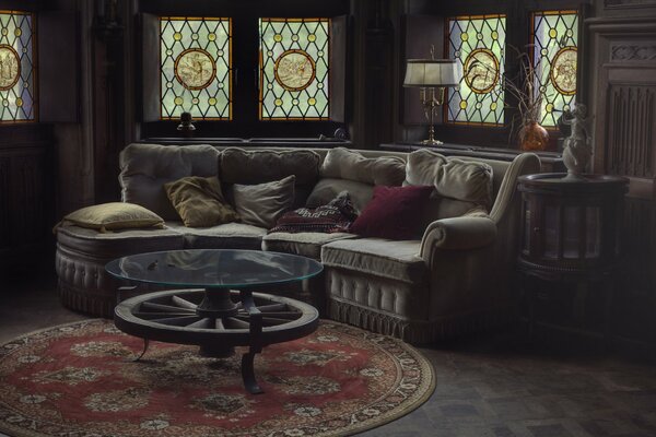 Mysterious interior with stained glass windows