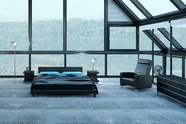 Bedroom with panoramic view and a large bed