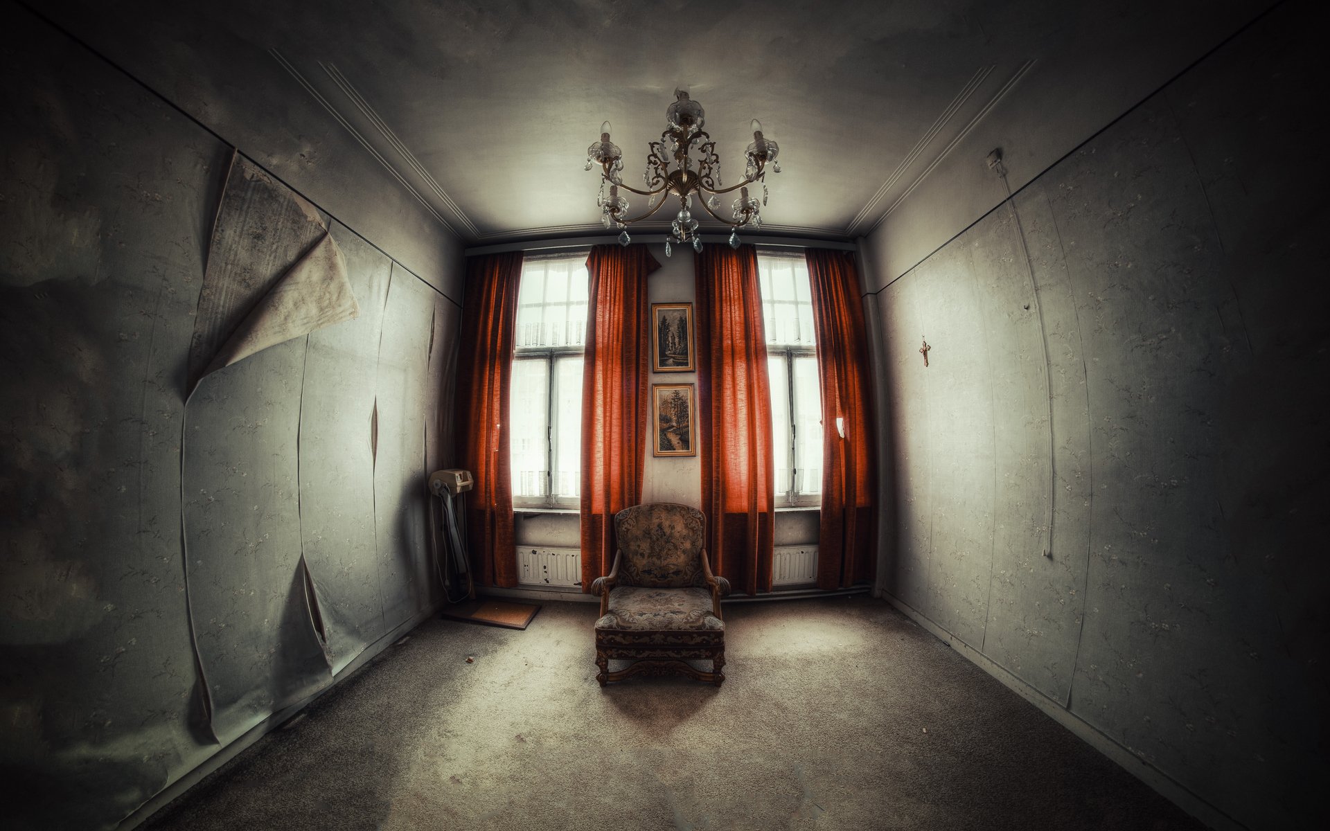 room abandonment chair wallpaper window curtain